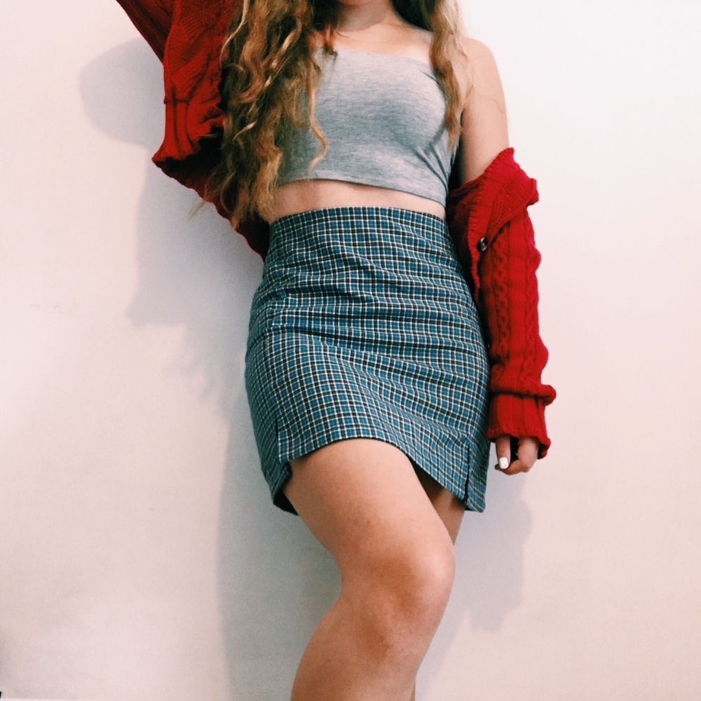 Brandy Melville Bodycon Blue/Brown Plaid Pencil Mini Skirt